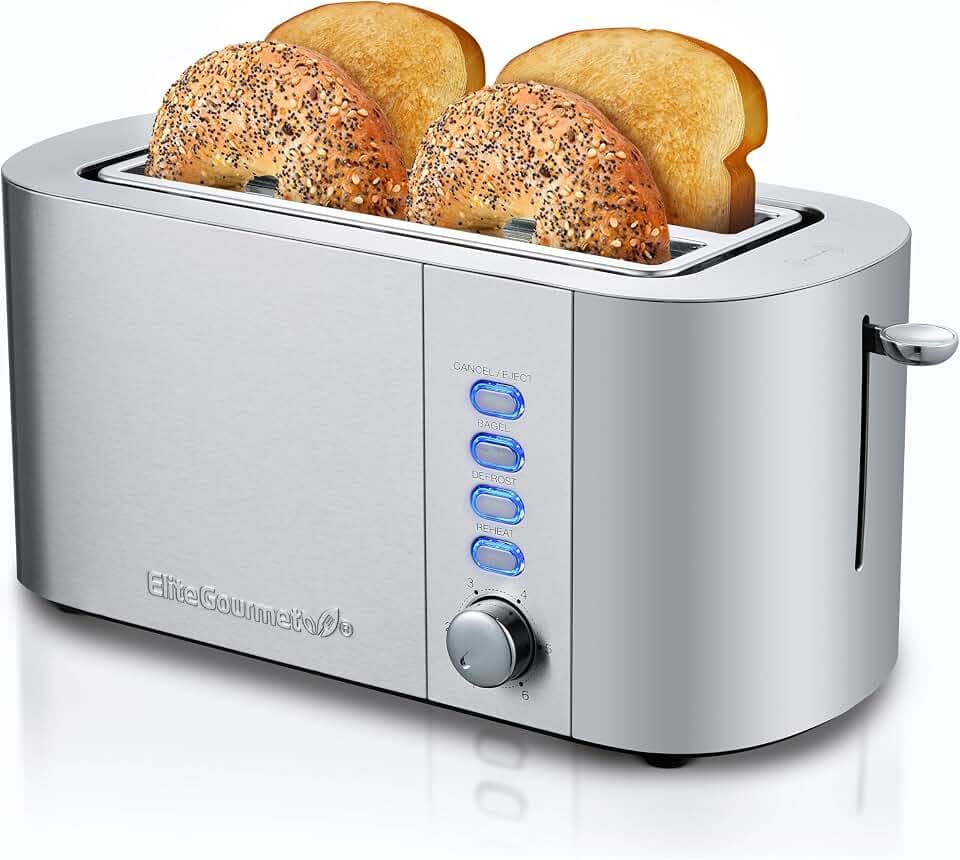 Elite Gourmet 4-Slice Long Slot Toaster, 1.5" Wide & 5.1" Deep Slots