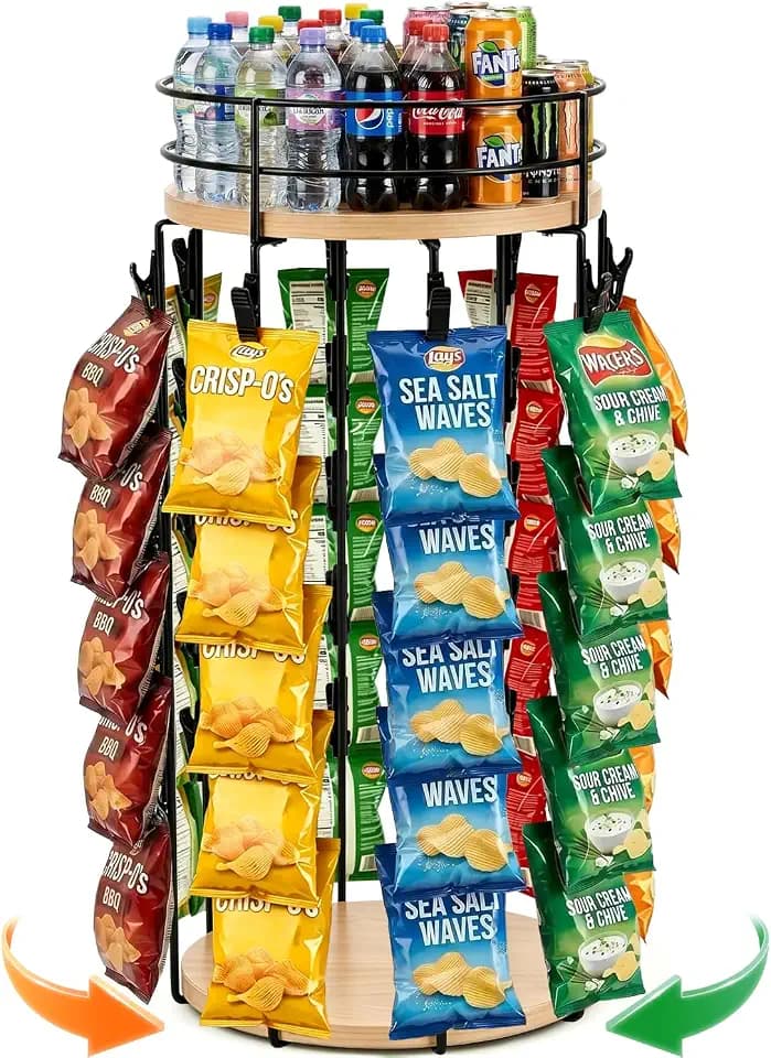 Chip Rack Display Stand, Rotating Snack Organizer with Top Tier, Beige