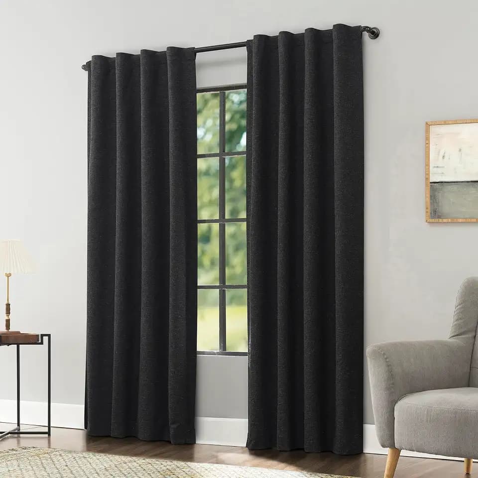 Sun Zero Treviso Linen Magnetic Closure 100% Total Blackout Back Tab/Rod Pocket Curtain Panel, Black, 40" W x 84" L (1 Panel)