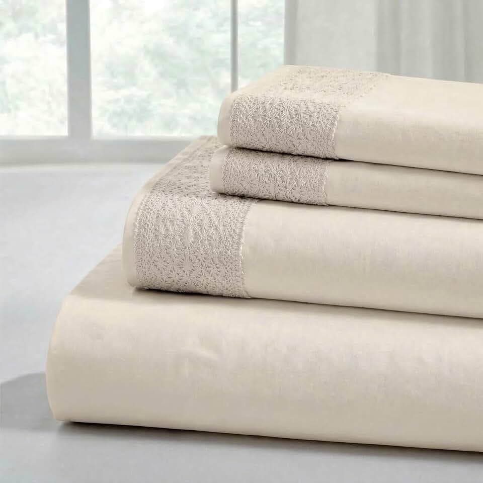 Modern Threads 4 Piece Microfiber Sheet Set – Soft Cooling Bed Sheets with Crochet Lace – Deep Pocket, Wrinkle Free, Breathable, Hotel Luxury Bedding, Beige, Full