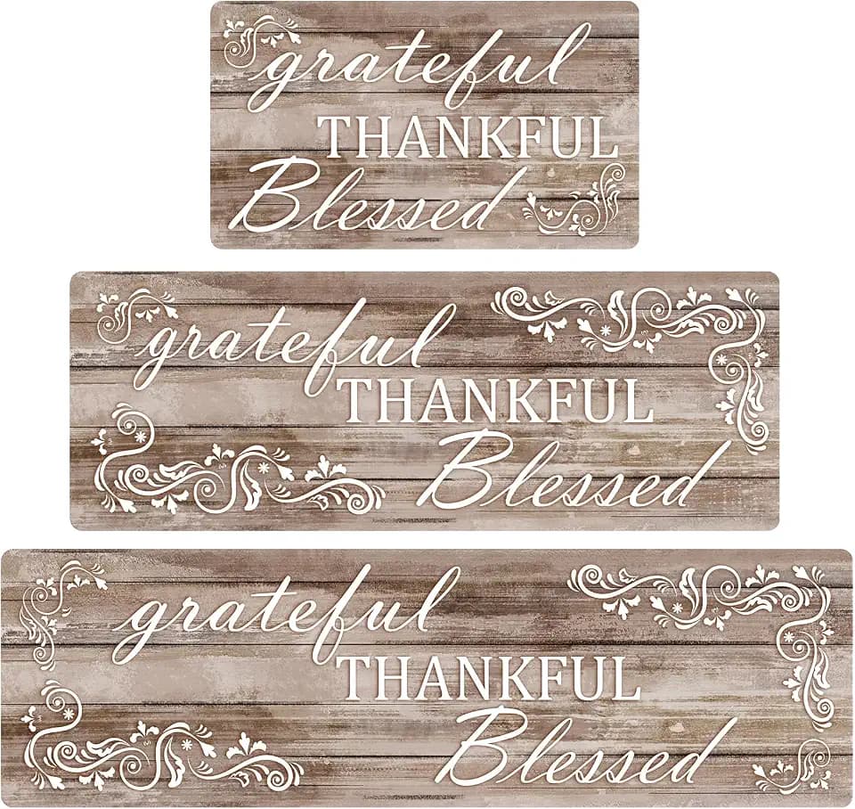 Brown Thankful Kitchen Mats for Floor, 3 Pieces Non Slip Cushioned Kitchen Runner Rugs Waterproof Comfort Mat Farmhouse Chef Runners Carpet for Sink, Bathroom