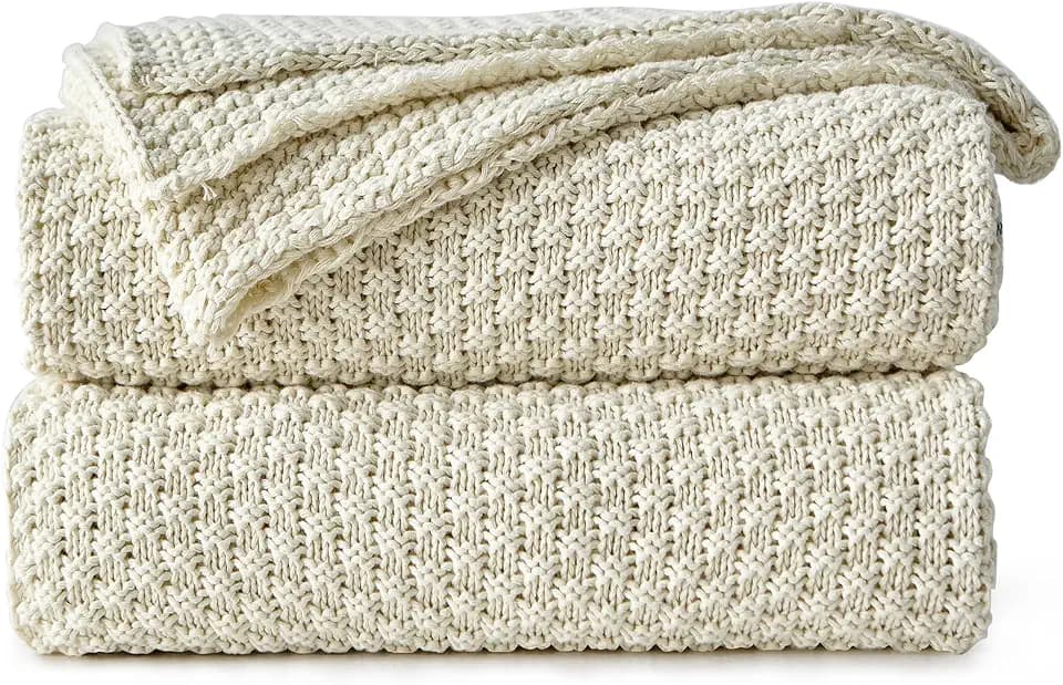 Longhui bedding 100% Cotton Knitted Throw Blanket – Cream, Soft & Cozy, Machine Washable, 51"x63" – Perfect for Living Room, Couch, Sofa, Bed or Travel