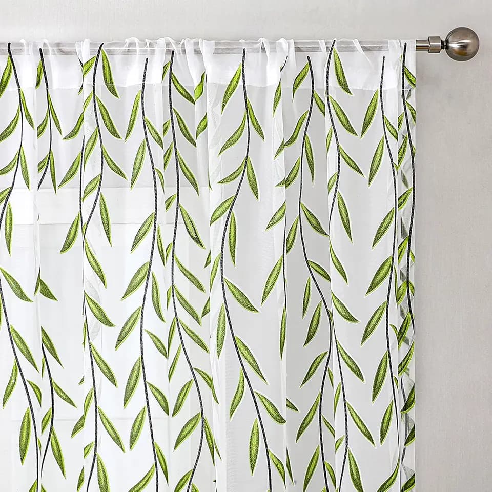 BROSHAN 72 inch Length Sheer Curtains for Windows, Light Green Leaves Pattern White Sheer Curtains 2 Panel Vine Curtains 72 inches Long Transparent Curtain Drapes for Living Room, Bedroom