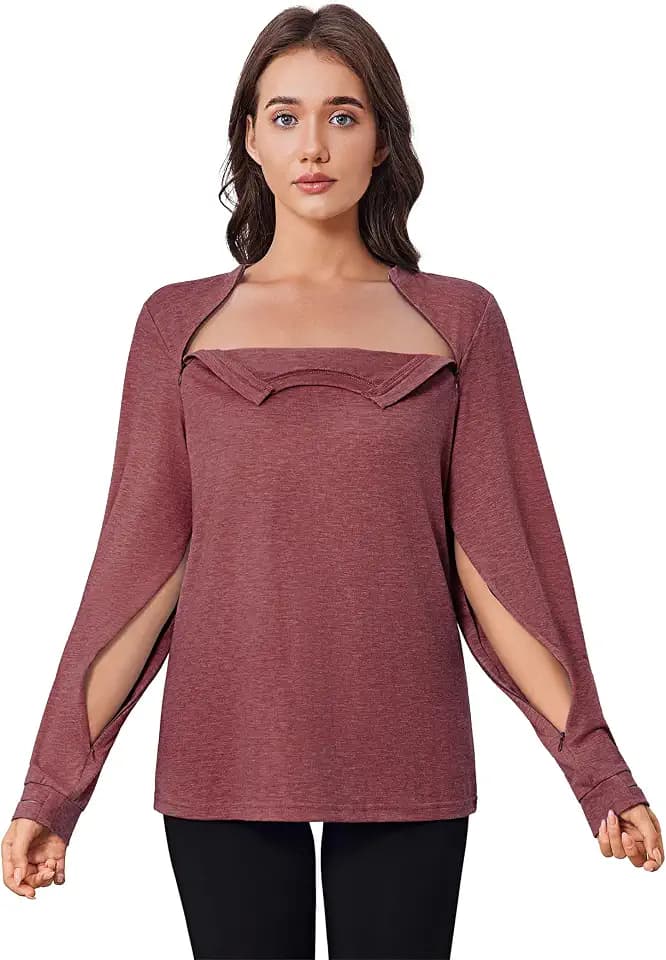 Deyeek Chemo Shirts for Port Access Women Long Sleeve Shoulder Post Surgery Shirt Dialysis Sweatshirts with Arm Zipper