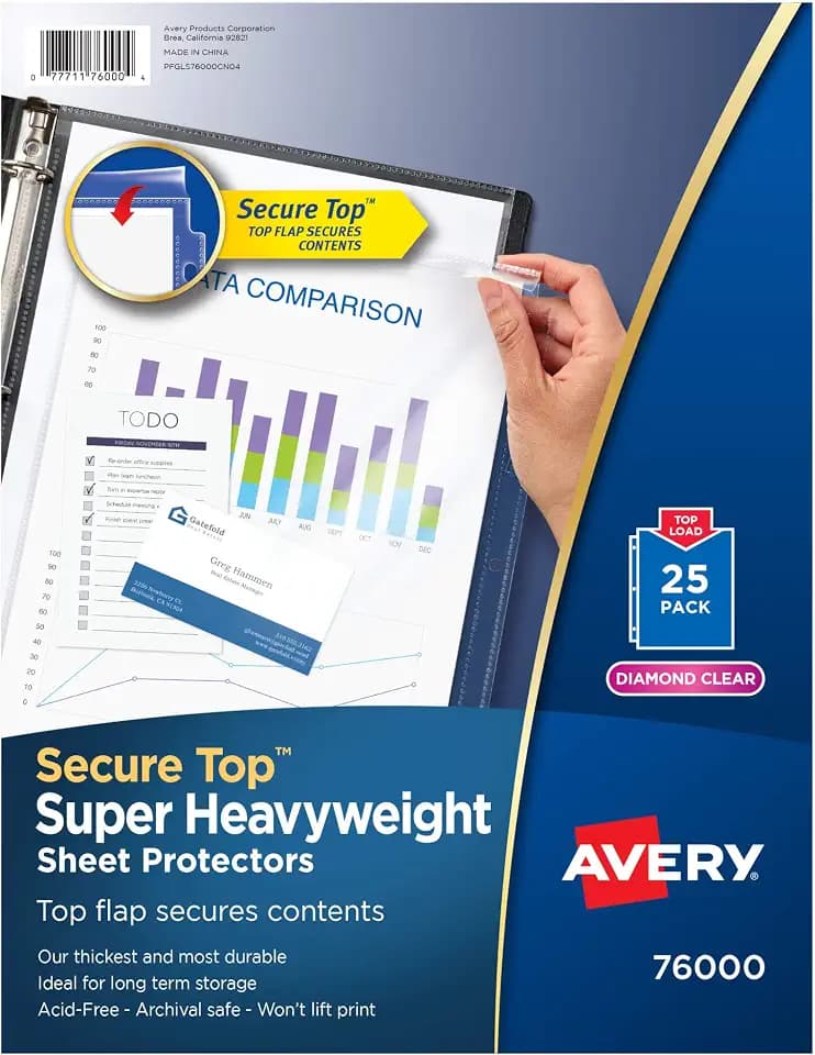 Avery® Diamond Clear Top Sheet Protectors, Super Heavyweight Page Protectors for 3 Ring Binder, Clear Binder Sheet, 25 Count (76000)
