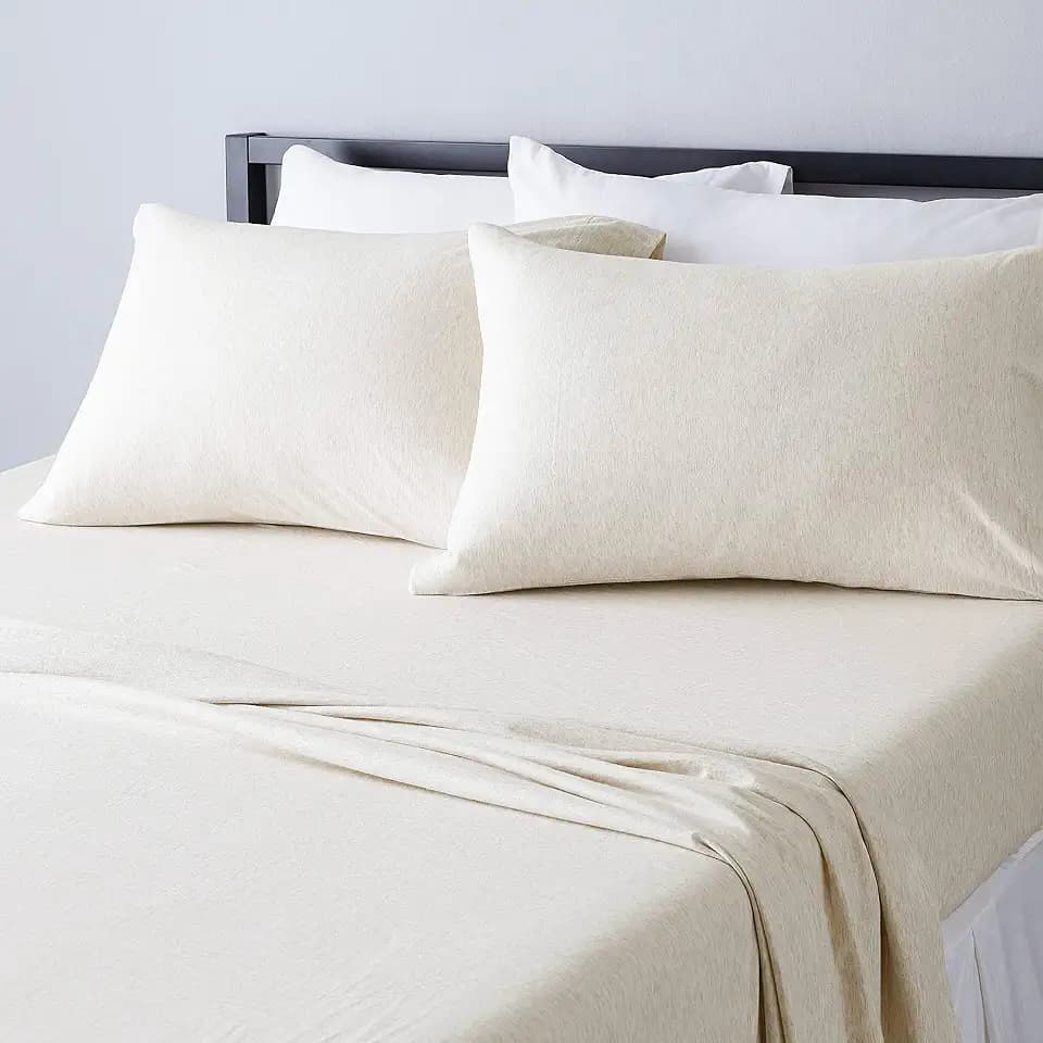 Amazon Basics 4 Piece Bed Sheets Set, 100% Cotton Jersey, Includes Super Soft, Flat and Fitted Sheets, Pillowcase, King, Oatmeal, Solid