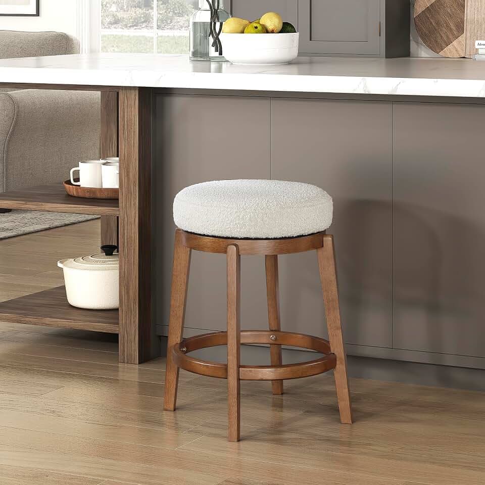 Lexicon Mid Century Swivel Counter Height Stool, Cream White Boucle Upholstered Seat & Solid Wood Frame, Backless, 360 Degree Swivel Stool for Kitchen Island and Home Bar Seating, Brown