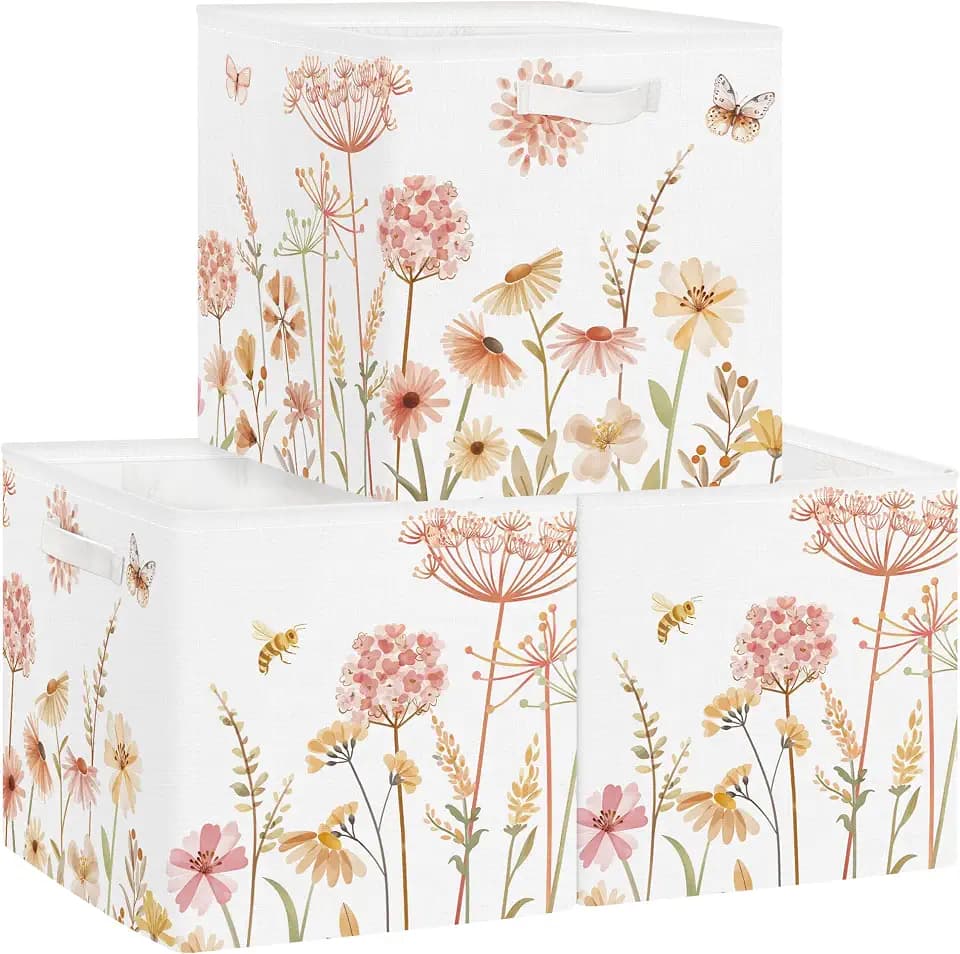 Clastyle 11.8" Flower Storage Basket Set of 3 for Kid Girl Toy Clothes Bin