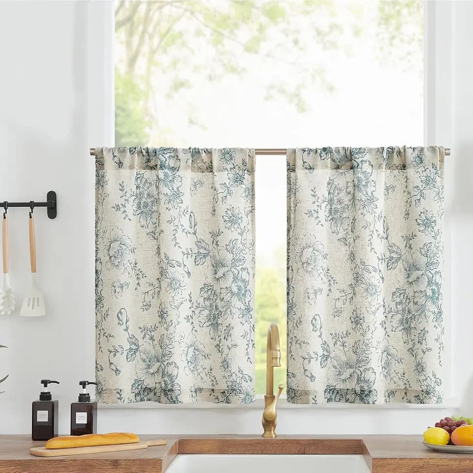 jinchan Linen Cafe Curtains 30 in Blue Floral Farmhouse Tier 2 Panels