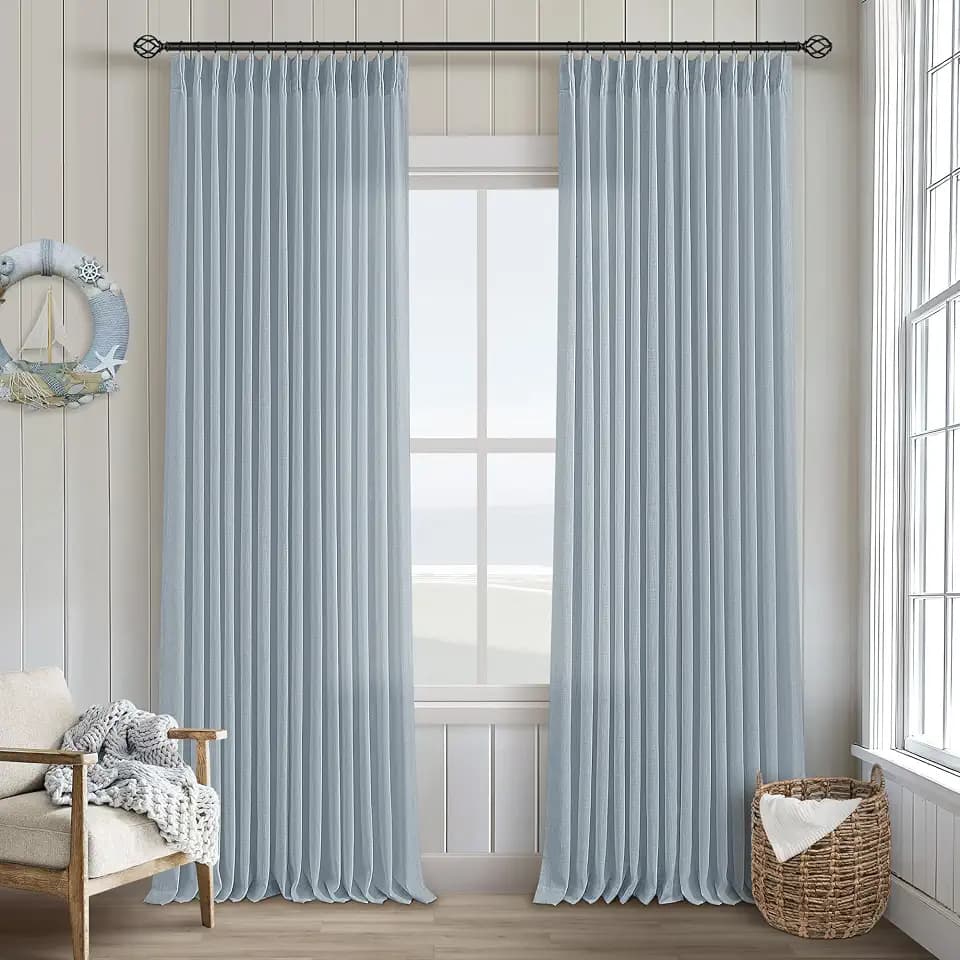 TWODRAPES Blue Grey 90 Inch Linen Curtains Pinch Pleated for Living Room