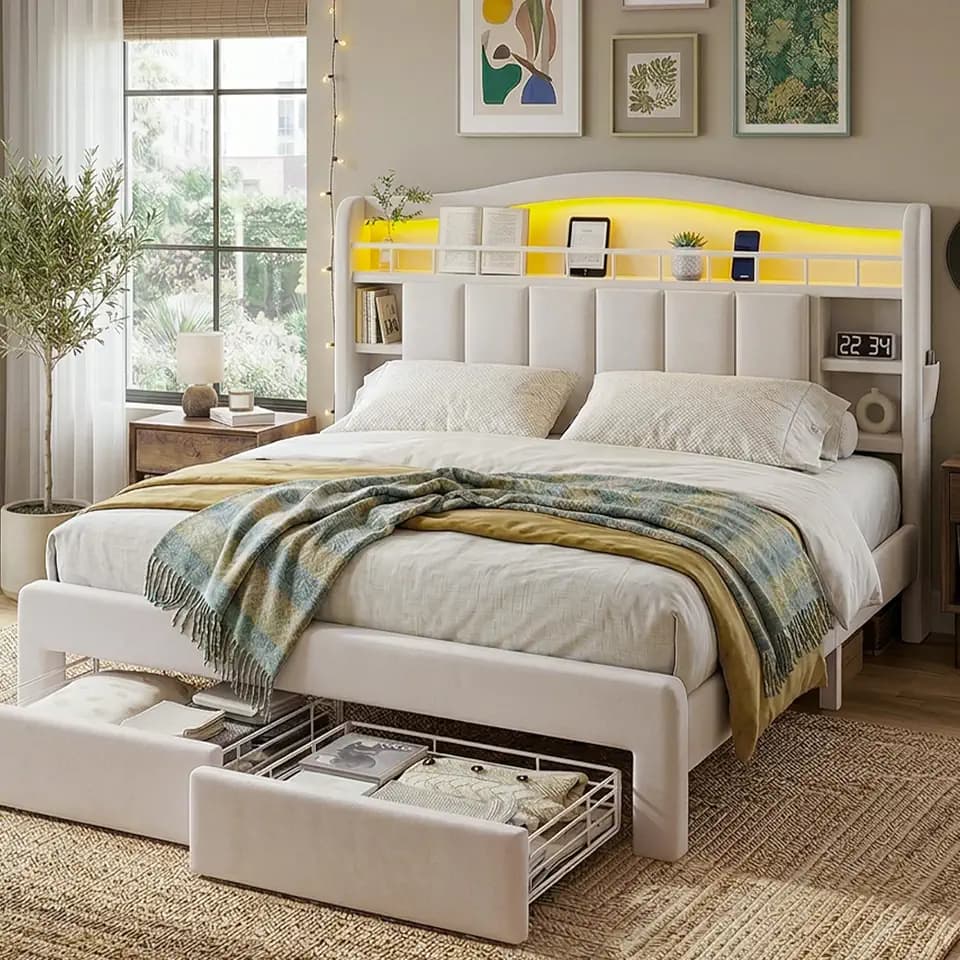 Kids LED Bed Frame with Storage Headboard & 2 Storage Drawers (Full&Beige)