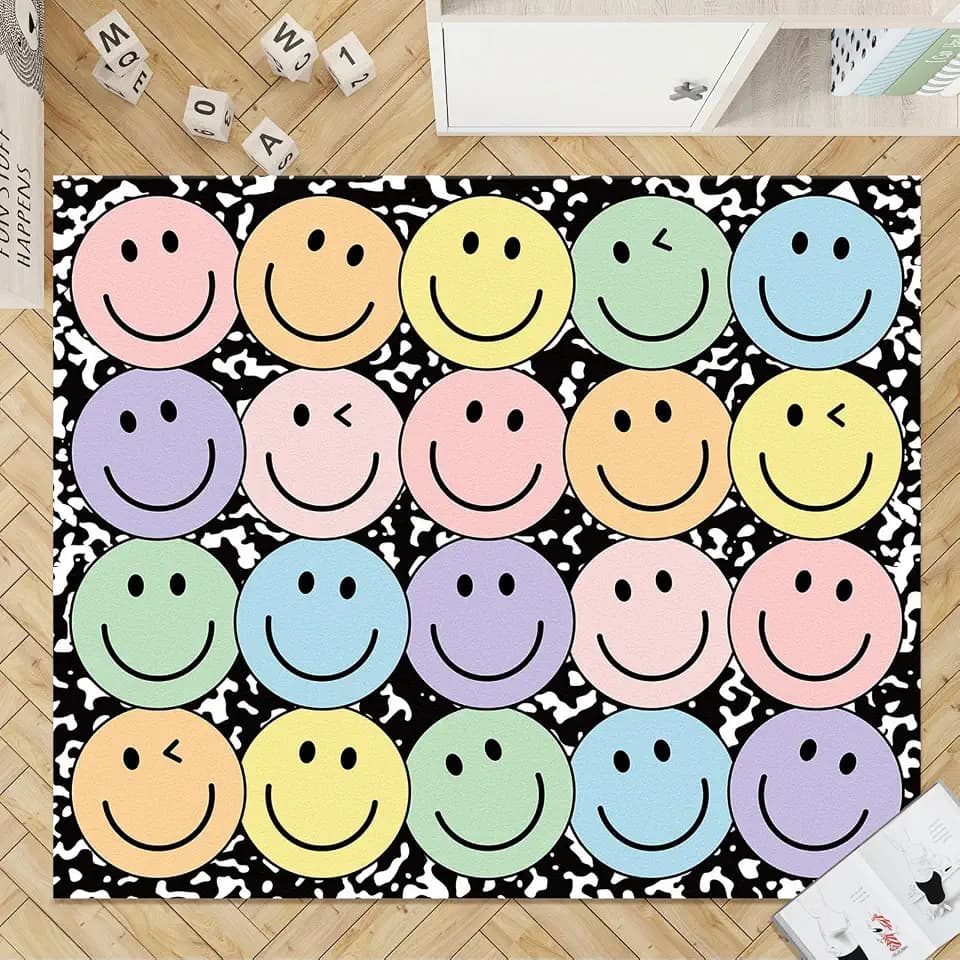 JarThenaAMCS 3.3 x 4 Ft Smile Face Area Rug Large Emotion Mat Colorful Composition Non-Slip Soft Fluffy Mental Health Floor Carpet for Back to School Living Bedroom Playroom