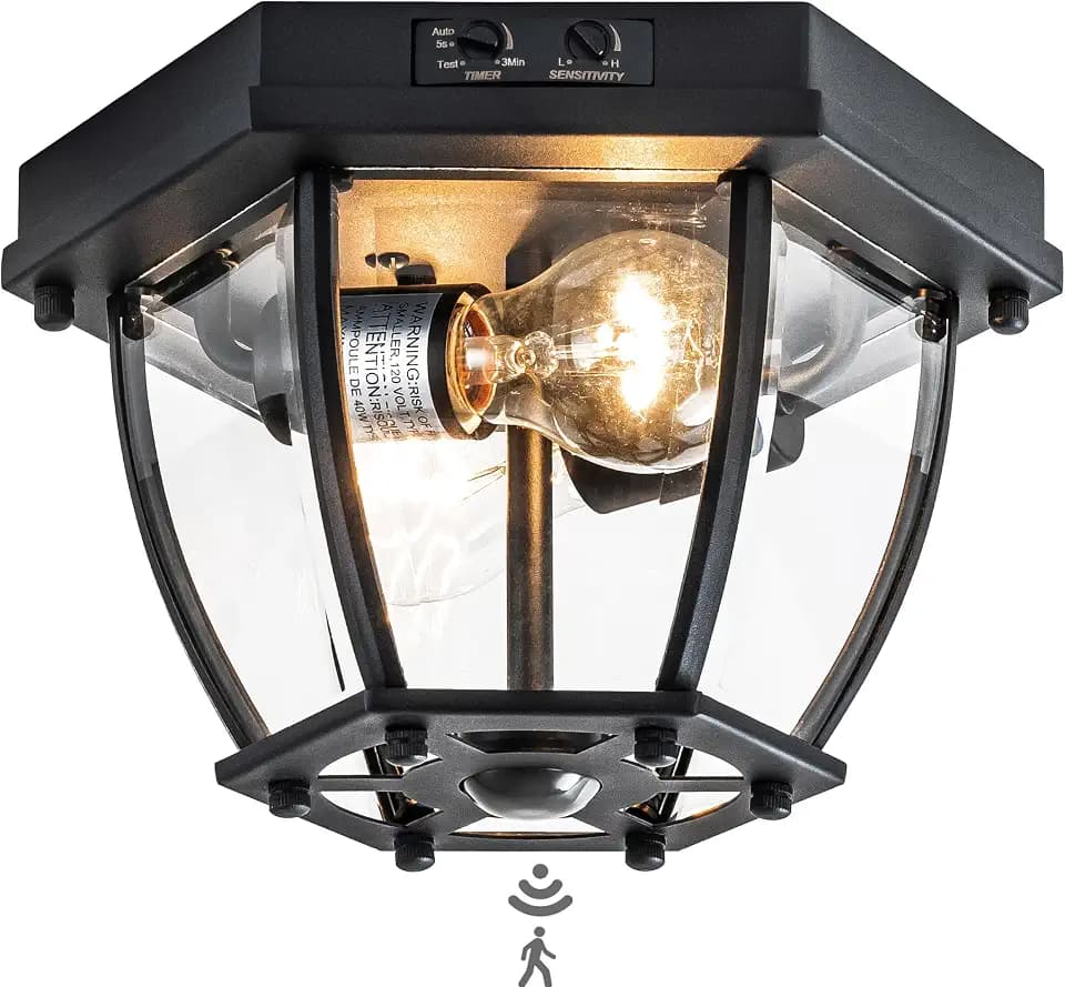 Motion Sensor Flush Mount Ceiling Light Fixture, 2-Light Outdoor Porch Lights Ceiling Mount, Waterproof Matte Black Manual Dusk to Dawn Flush Mount Light Ceiling Lamp, E26 Socket