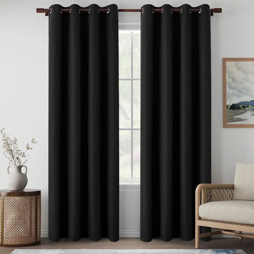 Full Blackout Black Linen Curtains 84 Inch Length 2 Panels