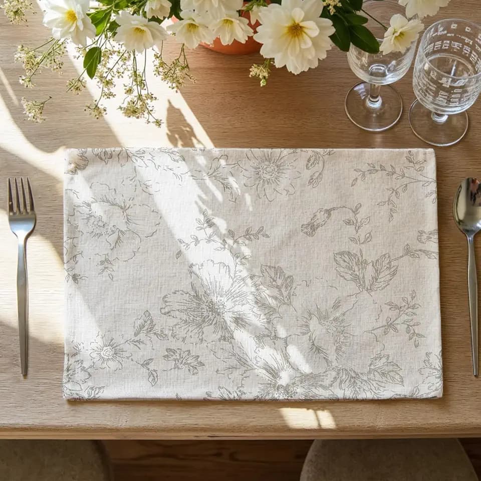 JINCHAN Alice Linen Floral Placemats Set of 4 Farmhouse 13x19 Inch Grey