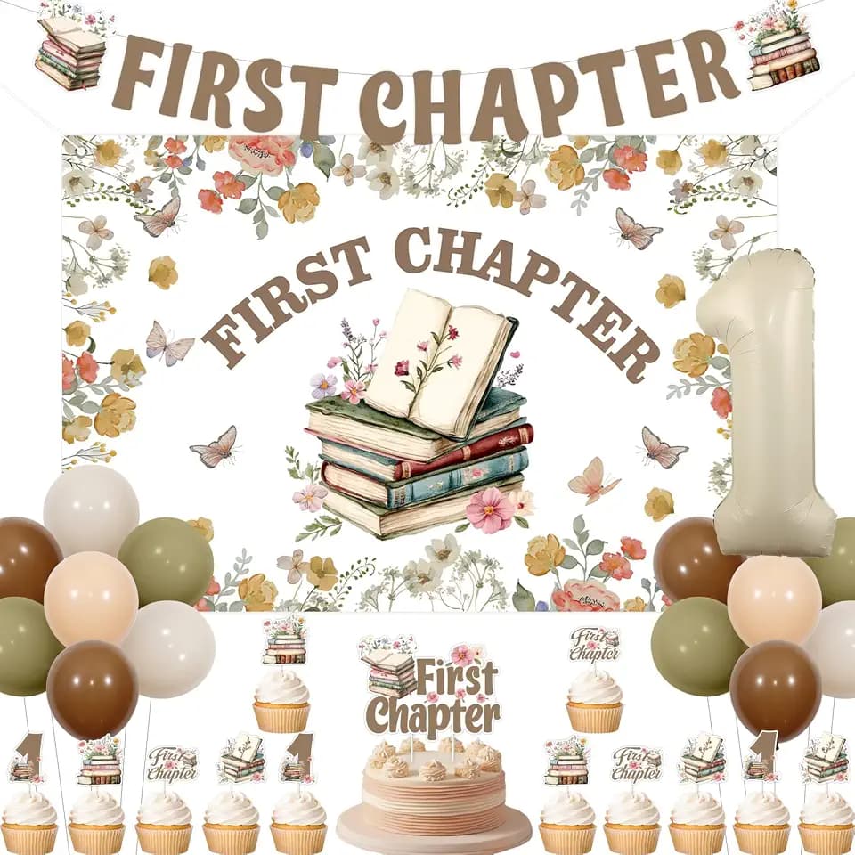 Cheereveal Retro Storybook 1st Birthday Party Decorations, First Chapter Banner Backdrop, Boho Wildflower Cake Cupcake Toppers, Reading Books Club Themed Bday Baby Shower Supplies