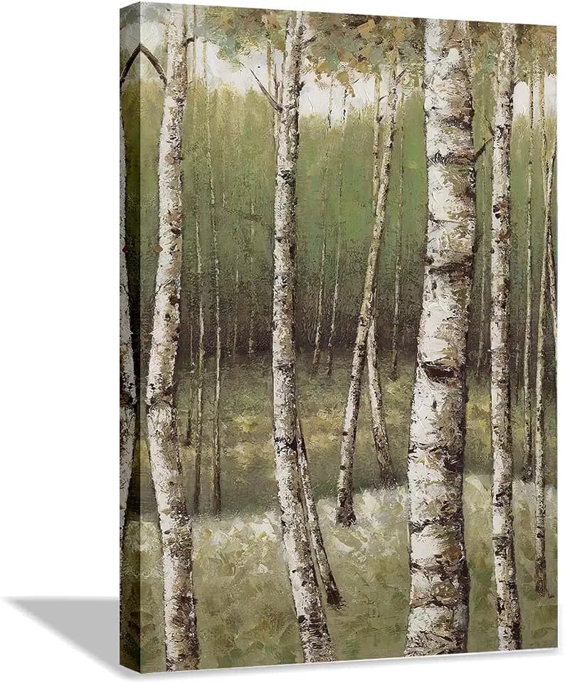 Rtriel White Birch Tree Wall Art Green Forest Painting Aspen Trees Picture Framed Ready to Hang Farmhouse Decor 24 x 36 Inch