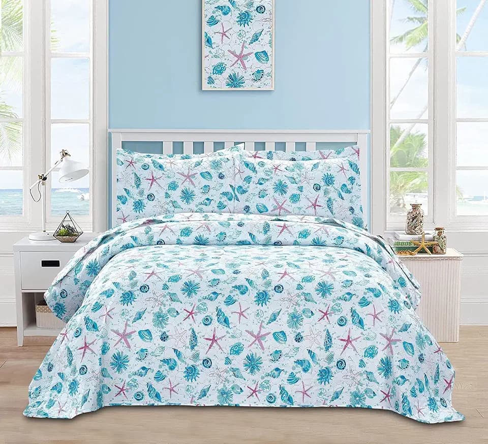 Queen Size Quilts Beach Queen Quilt Set Collection Bedspread Coverlet Reversible Lightweight Bedding Pink Starfish Aqua Home Quilt Set