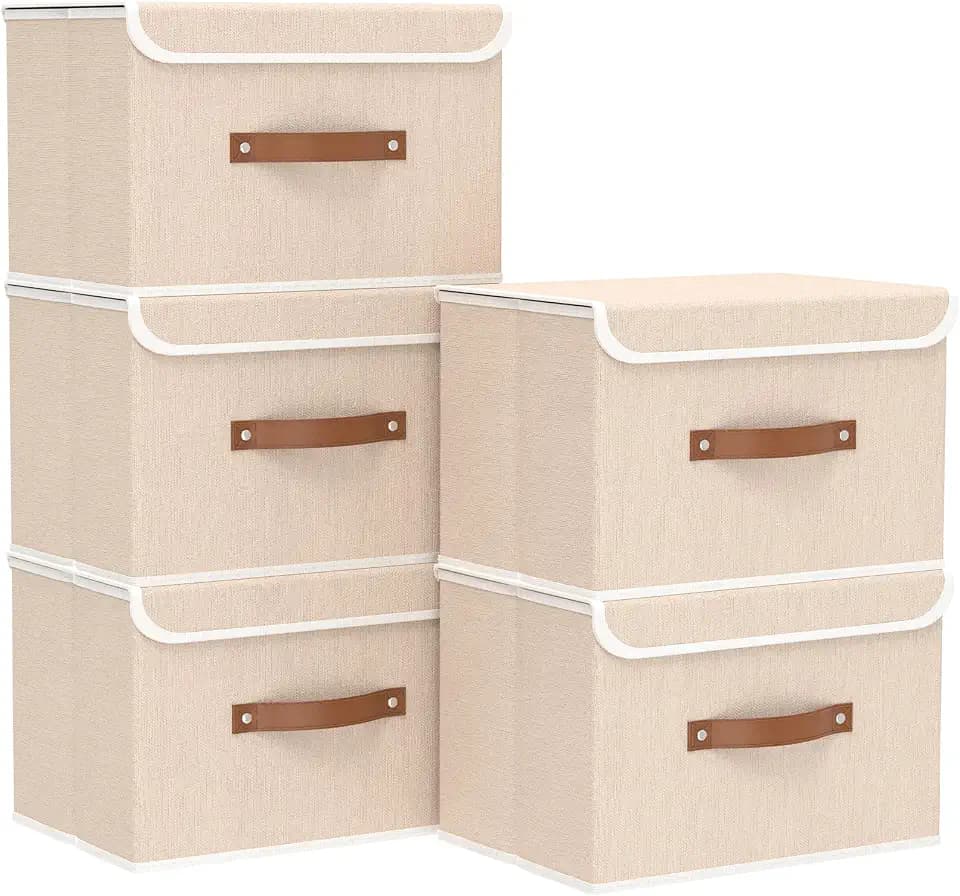 Yawinhe Storage Bins with Lids,Beige,17.7x11.8x11.8in,5-Pack