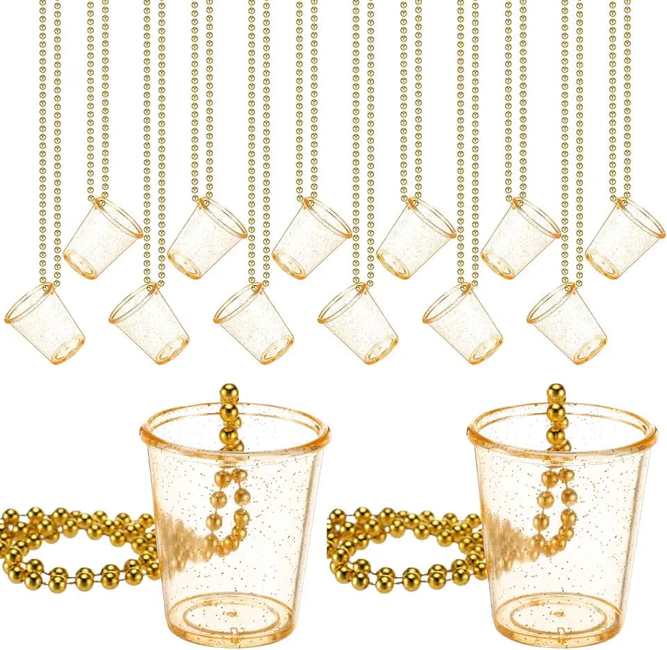 Misdary 12 Pcs Shot Glass Necklaces Gold Clear Plastic Cups Beaded