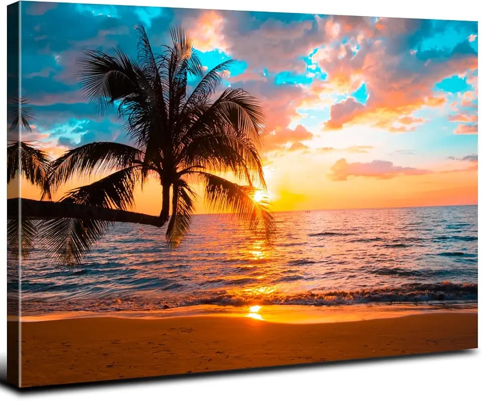 Sunset Beach Wall Art for Living Room Decor Tropical Palm Tree Wall Pictures Coastal Landscape Ocean Painting Canvas Prints Nature Seascape Poster Artwork Bedroom Bathroom Home Decorations 12x16"