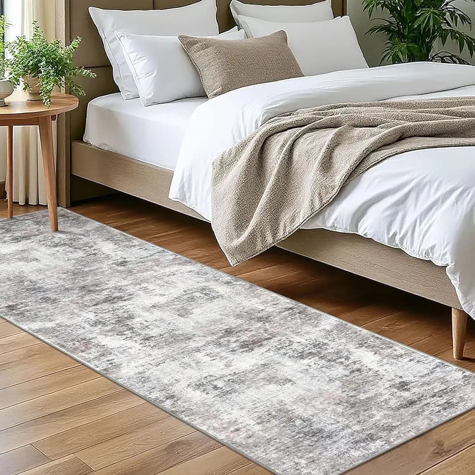 Lansny Modern Abstract Runner Rug for Bedroom 2x7, Beige Grey Washable Kitchen Runner, Non-Slip Soft Thin Faux Wool Mat for Entryway, Hallway, Laundry Room Indoor