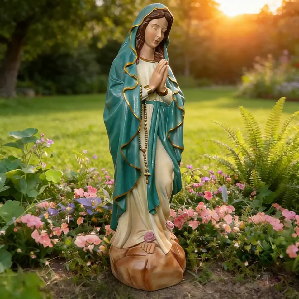 31 Inch Virgin Mary Garden Statue Outdoor, Handcrafted Teal Blue Robe