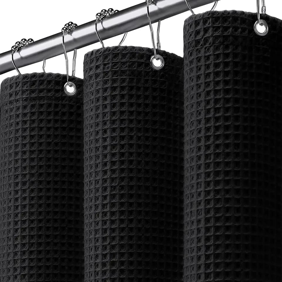Extra Long Waffle Shower Curtain Heavyweight Cotton Fabric Black 72Wx84L