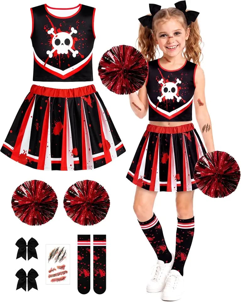 AOTHSO 9 Pieces Halloween Cheerleader Costume Zombie Fearleader Costume Set Includes Top Skirt Socks Pompoms Sticker Bows