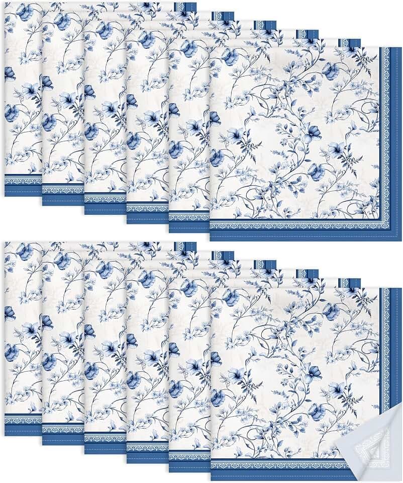 Watercolor Blue Rose Cloth Napkins Set of 12, 100% Cotton, 18 x 18 in