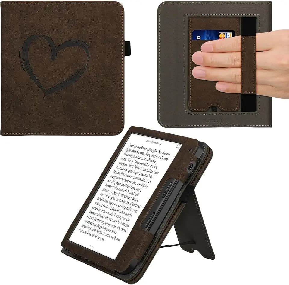 kwmobile Flip Hülle kompatibel mit Tolino Vision 6 - Cover Handschlaufe - Herz Brush Dunkelbraun