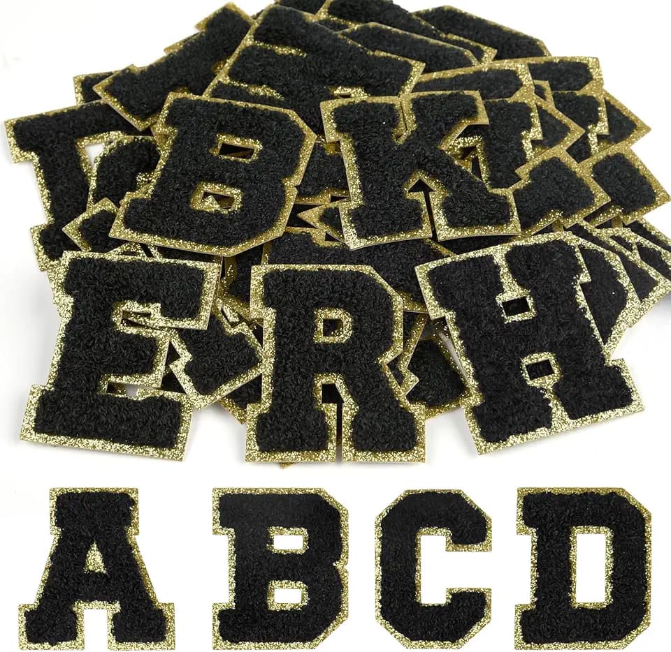 CHRORINE 26/52/104 Pcs Self Adhesive Chenille Letter Patches A-Z, Also Supports Sew or Iron on, Embroidered Alphabet Patches Stickers for DIY Clothing, Bags, Hats (52, Black, Height 2.16″)