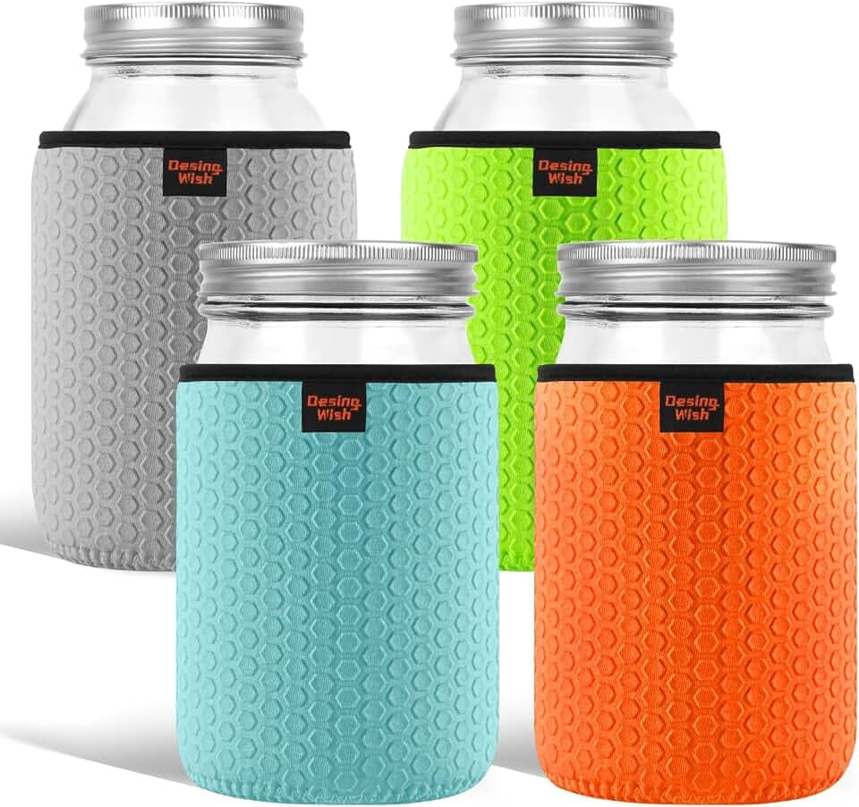 32 oz Regular/Wide Mouth Mason Jar Neoprene Sleeve, 32oz Non-slip Cozy Insulated Glass Jars Protector Holder Sleeves 3.7 x 5.3 Inches - 4 Pack (Orange/Green/Cyan/Grey)