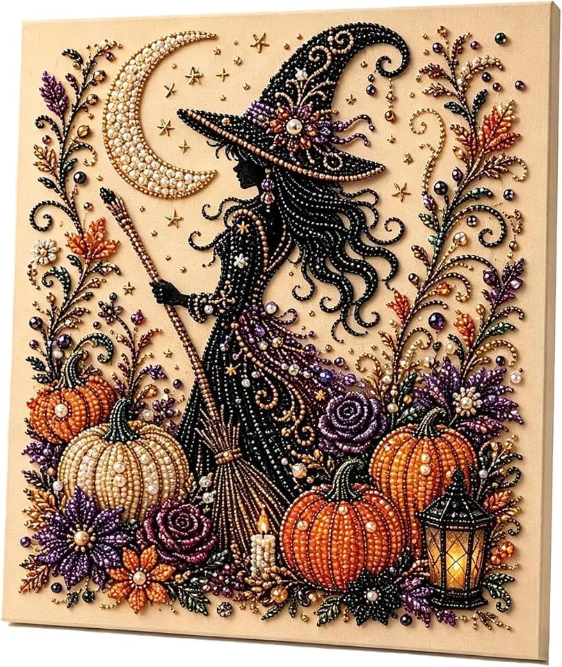 Halloween Diamond Art Kit for Adults, 3D Witch Pearl Painting DIY Craft