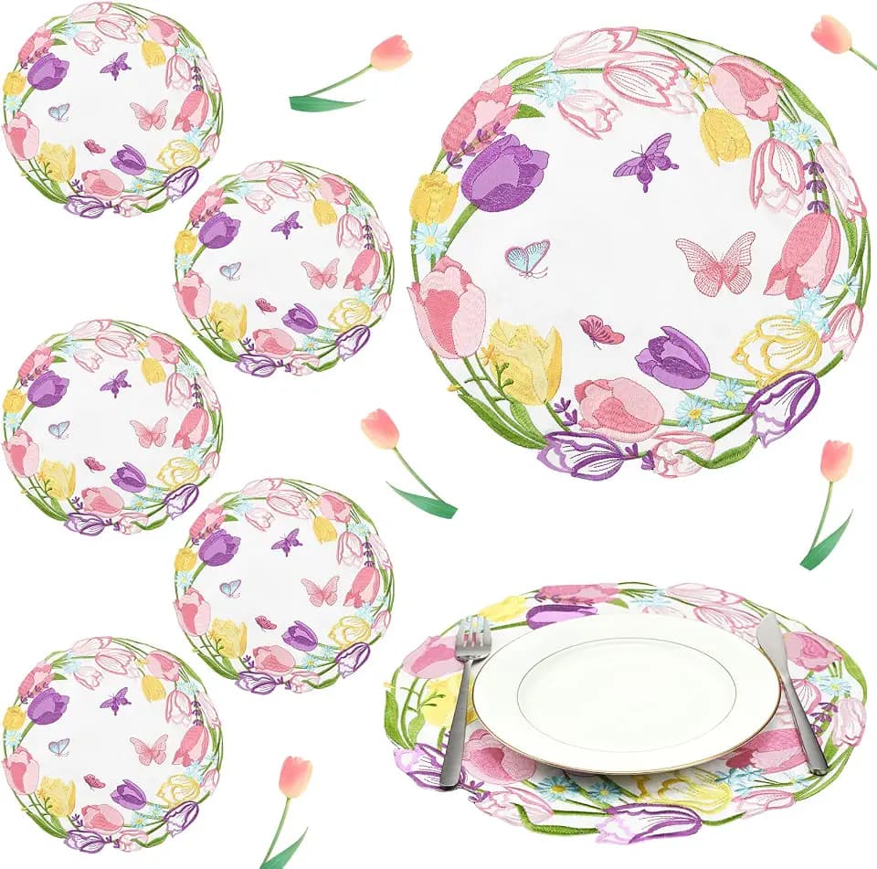 Yingzhao 6 Pcs Round Spring Placemats Tulip Placemats Floral Butterfly Embroidered Placemat Doilies for Table Home Spring Theme Party Table Decorations, 14 Inch