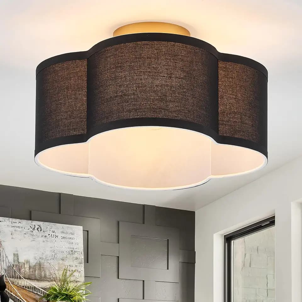 VILUXY Black Semi Flush Mount Ceiling Light Fixture, 4-Light Modern Ceiling Light with Linen Fabric Shade Farmhouse Drum Close to Ceiling Light for Bedroom Hallway Nursery Entryway, UL Listed