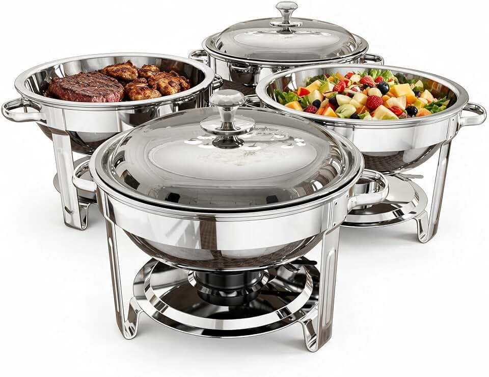 Chafing Dishes for Buffet, 4 Pack 5QT Round Stainless Steel Chafing Dish Set for Home Parties, Christmas Gatherings, Catering Events Complete Buffet Warmer Set (Silver 4)