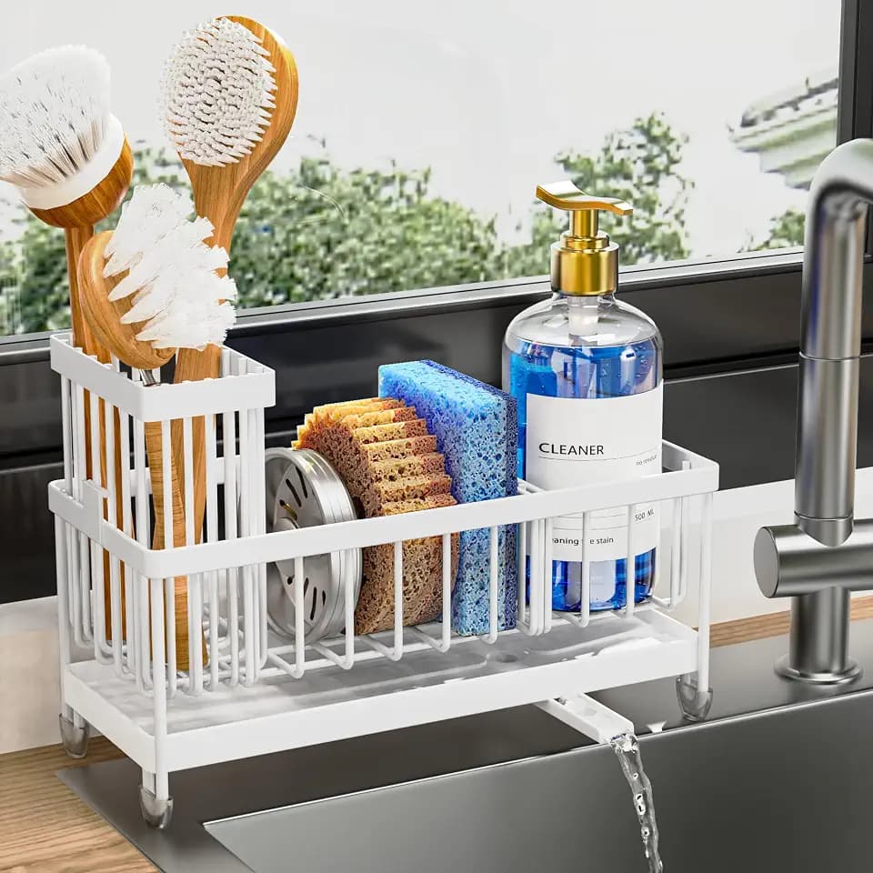 Cisily Sponge Holder for Kitchen Sink, Sink Caddy Organizer with High Brush Holder, Kitchen Countertop Organizers and Storage Essentials, Rustproof 304 Stainless Steel (Cool White, Large)
