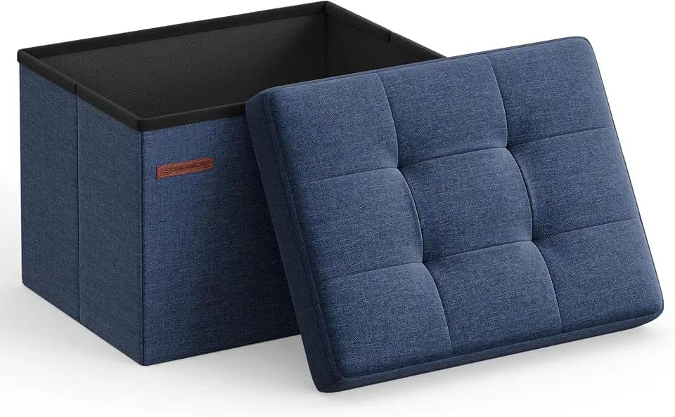 SONGMICS Mazie Collection - Small Folding Storage Ottoman, Foot Rest Stool, 12.2 x 16.1 x 12.2 Inches, 286 lb Load Capacity, for Living Room, Bedroom, Home Office, Dorm, Midnight Blue ULSF102Q02