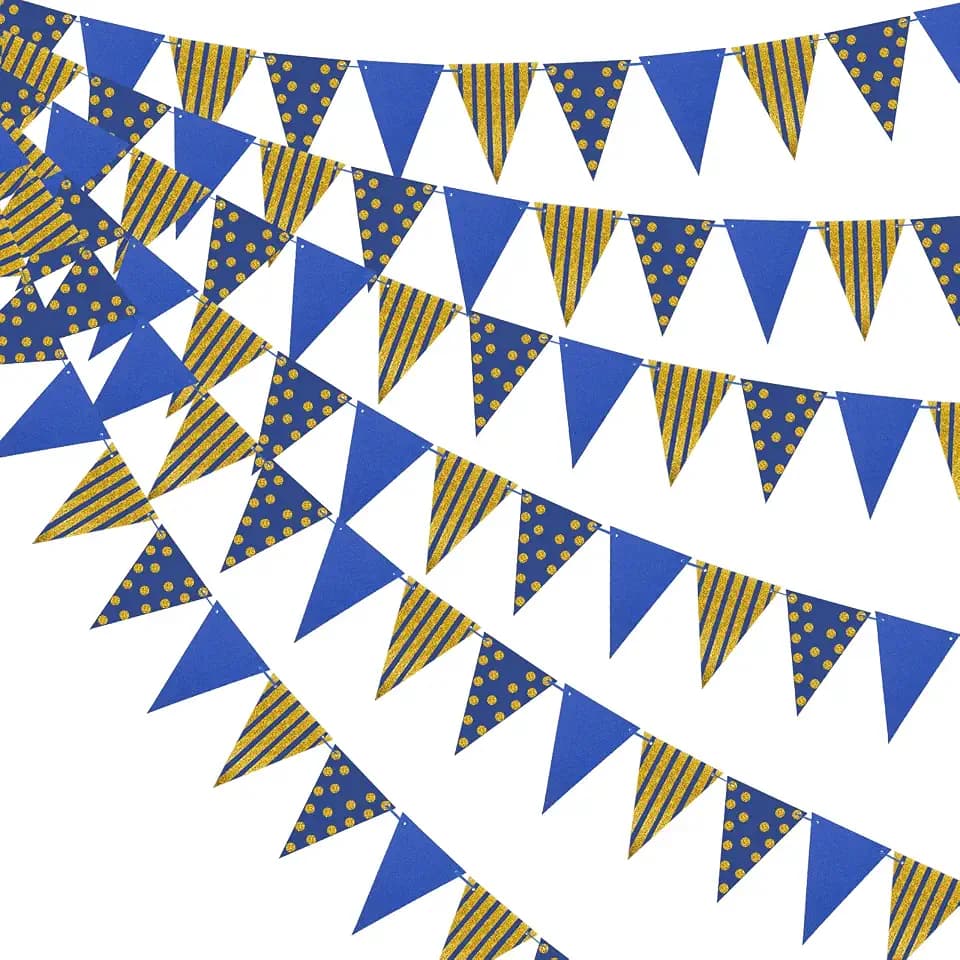 3 Pcs Navy Blue Gold Triangle Pennant Banner, 33 ft Paper Bunting Decor Set