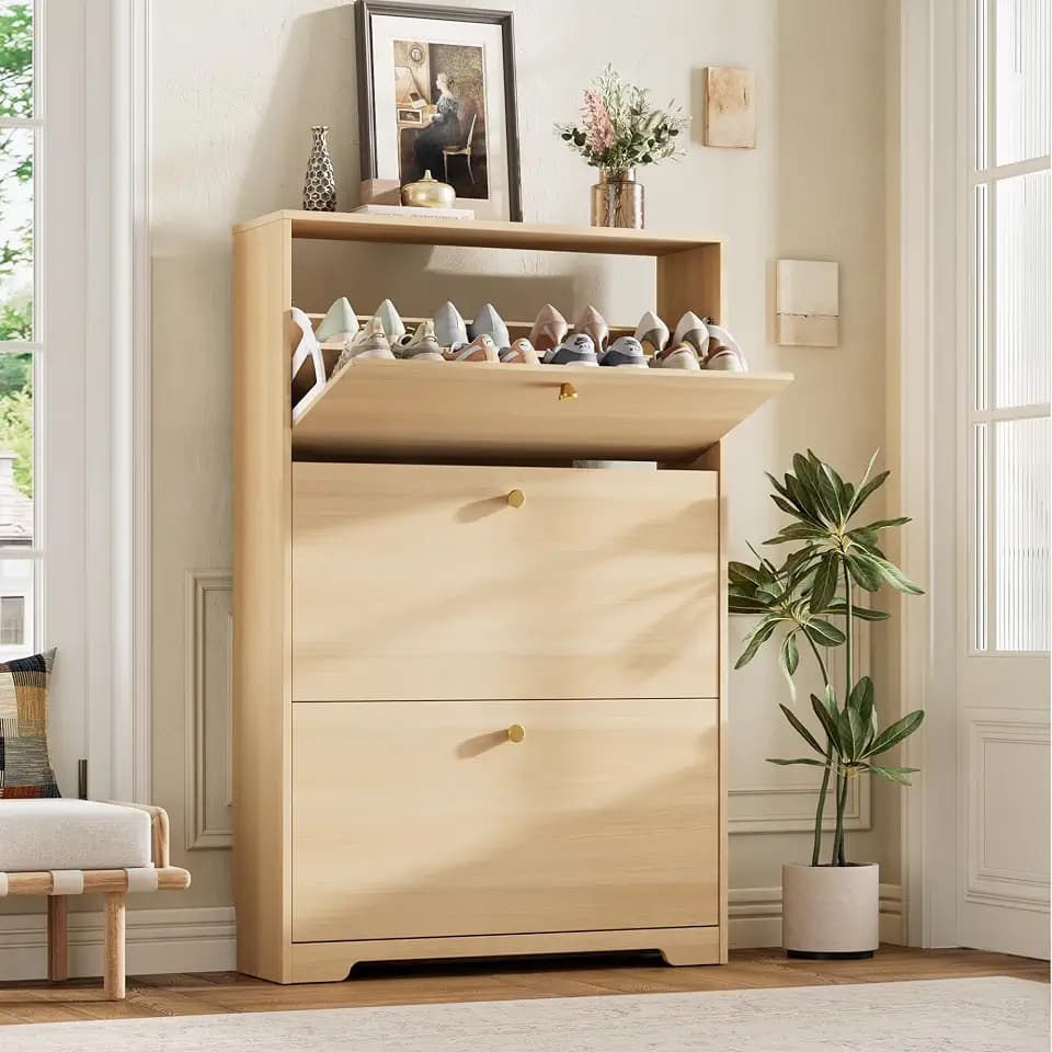 Nicetree Shoe Storage Cabinet, Slim Shoe Cabinet, Hidden Shoe Rack Cabinet, Shoe Storage Cabinet for Entryway, Hallway, Foyer, Natural Oak