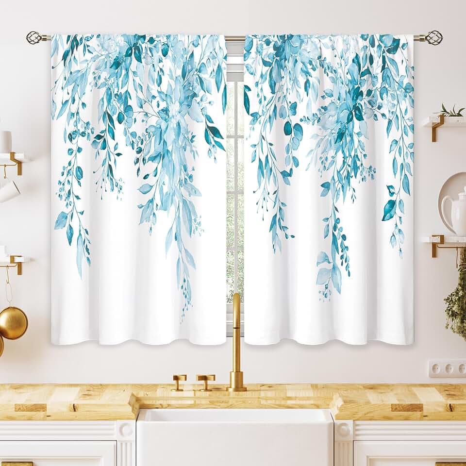 Blue Eucalyptus Botanical Leaves Floral Kitchen Window Curtains Over Sink Farmhouse Flower Spring Small Window Treatment Cafe Short Curtains for Bathroom Treatment Tier Drapes 26x36 inch
