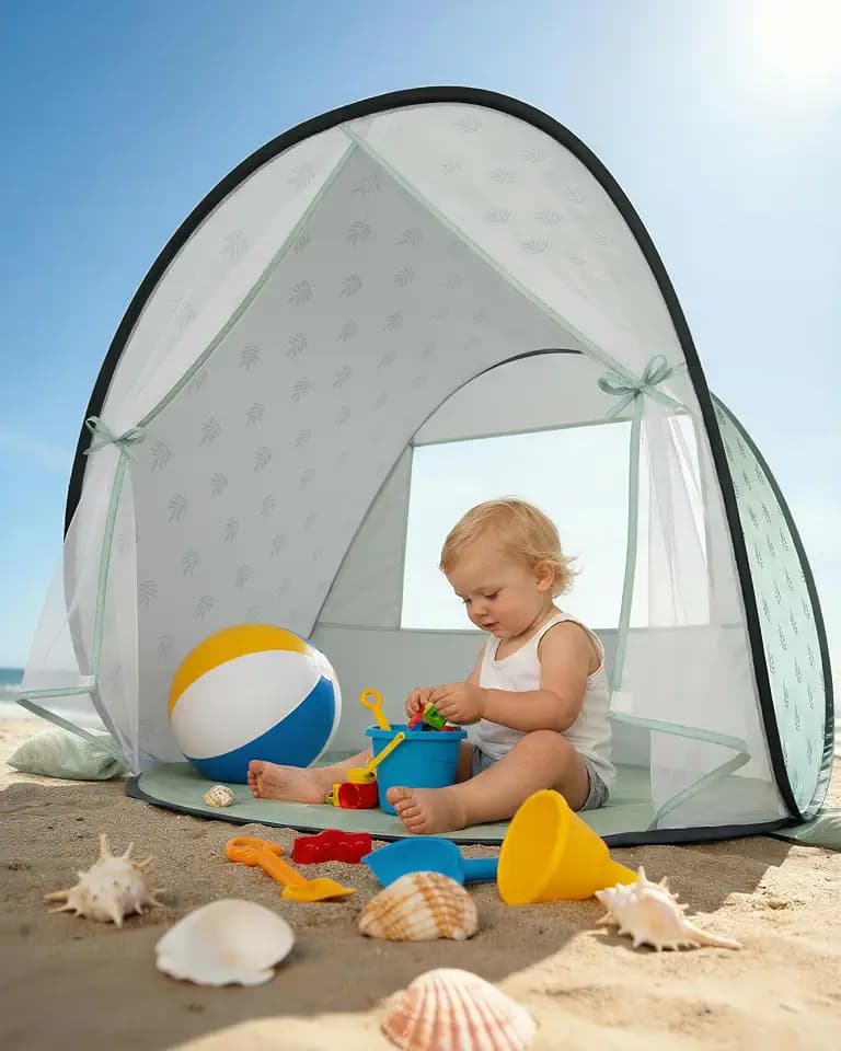 Pop-Up Baby Beach Tent UPF 50+ with Mosquito Net, Rear Vent, Sand Pockets