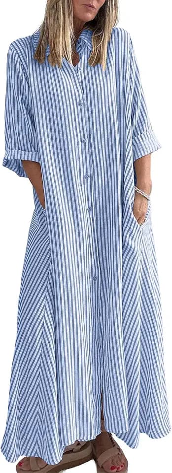 chouyatou Women 2026 Summer Boho Striped Maxi Shirt Dress 3/4 Sleeve Business Casual Button Down Long Dress