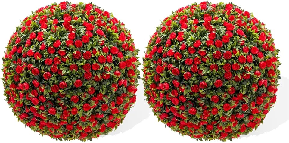 Hipicute 15.7" Artificial Topiary Balls 2PCS, Wedding Decor with Hanging Chains & Zip Ties, Realistic Boxwood Decorative Balls for Outdoor Patio, Garden, Indoor Decor, Wedding - UV Resistant (Red)