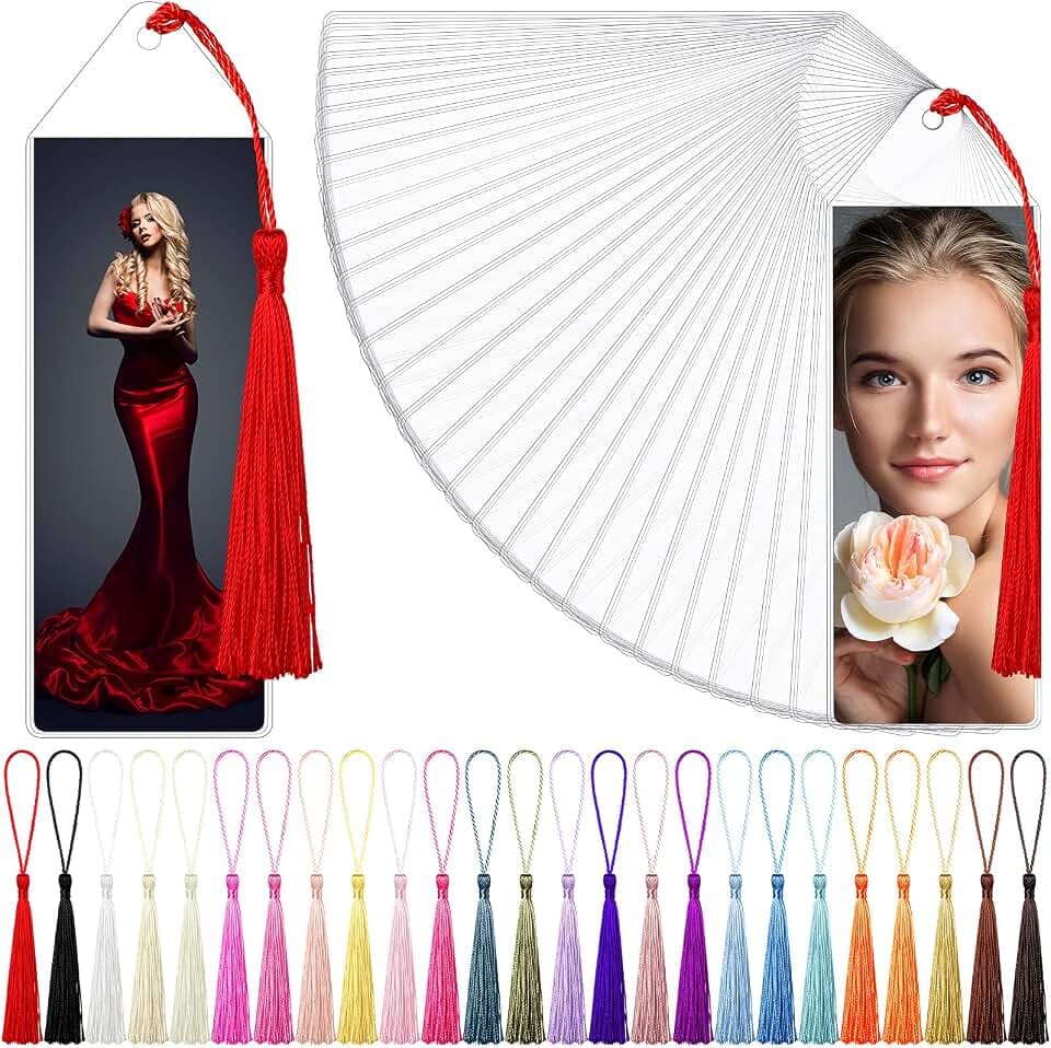Zonon 100 Pieces 2 x 6 Clear Plastic Bookmark Sleeves with Tassels Vinyl Photobooth Bookmark Covers Blank Strip Display Holder Laminating Pouches for DIY Gift Tags School Office Party Favors