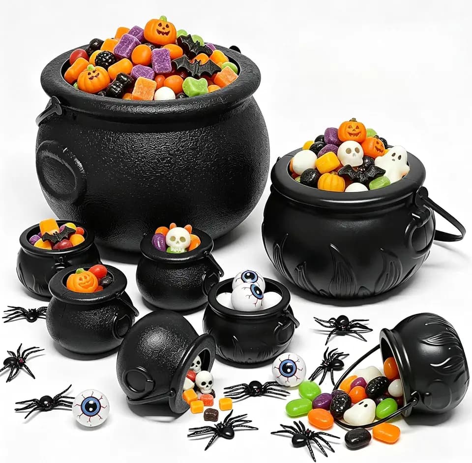 8 Pack Halloween Witch Cauldron Decor Set, Black Trick or Treat Buckets