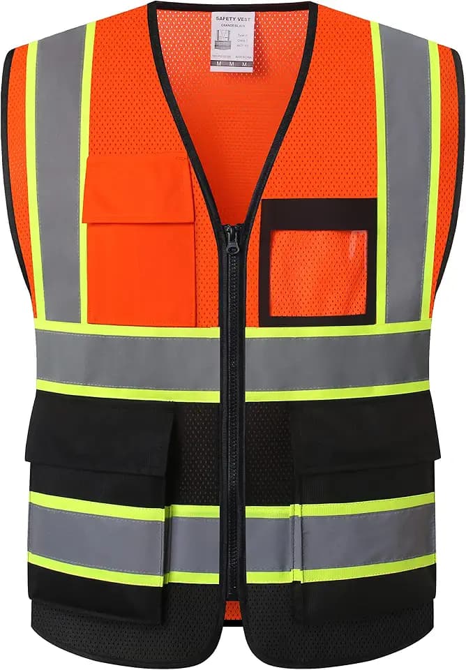 Reflective Safety Vest for Men Women Hi Vis Vest with 8 Pockets High Visibility Mesh Reflective Vest Meets ANSI/ISEA Standards (Orange-Black-07, L)
