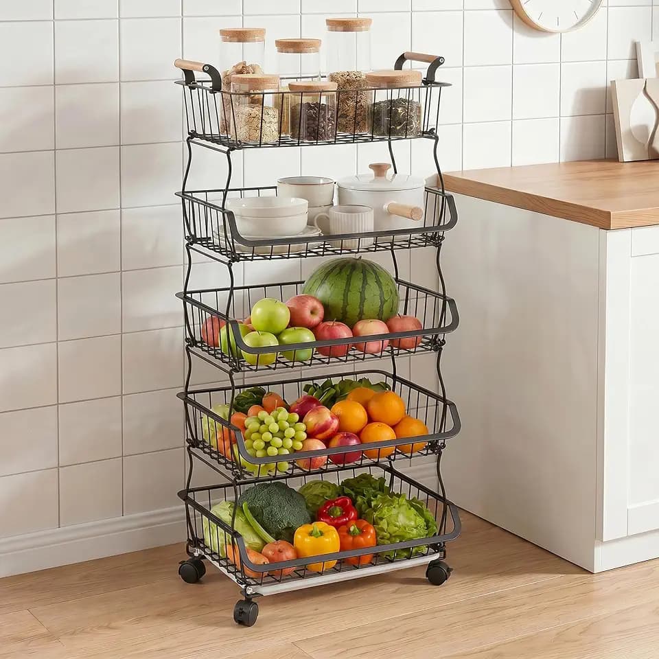VECELO 5-Tier Fruit Basket with Wheels, Fruit and Vegetable Storage Cart for Kithchen, Easy to Move, Durable, Stackable Produce Organizer Wire Baskets for Kitchen, Pantry, Living Room
