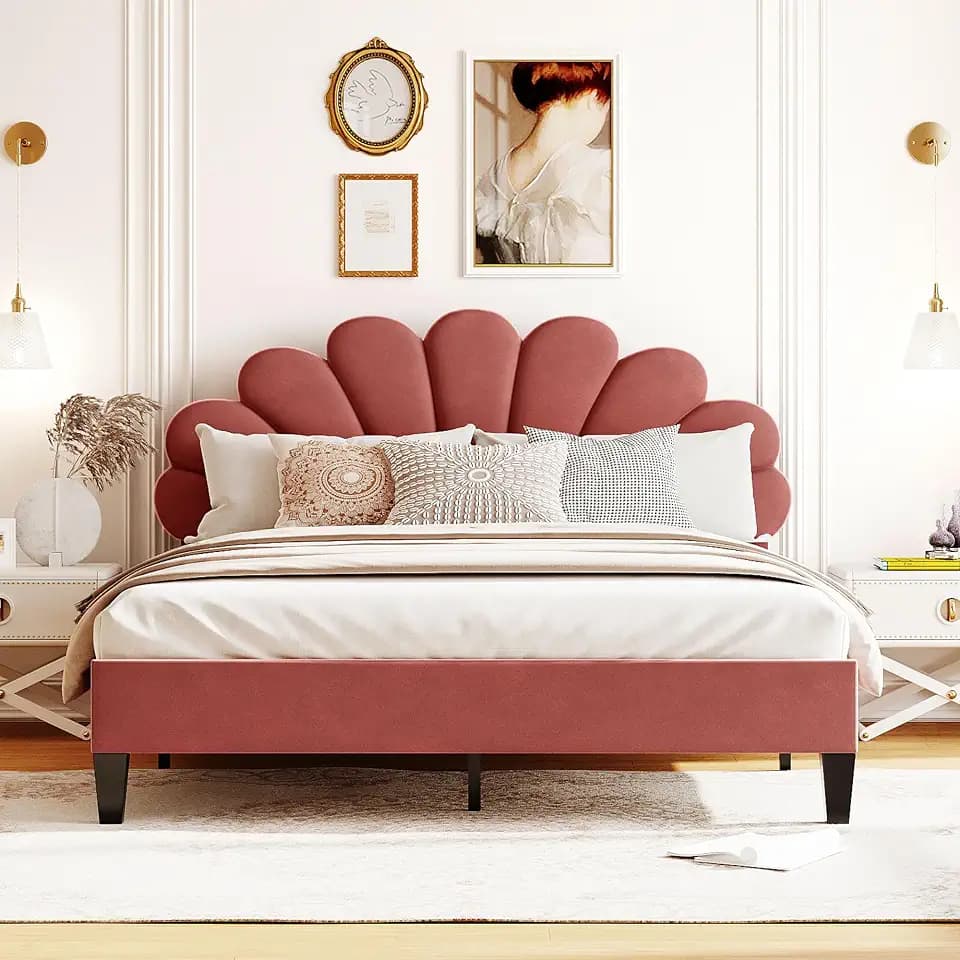 GDFStudio Queen Size Upholstered Platform Bed Flower Pattern Velvet Headboard Bed Frame Wooden Slat Support No Box Spring Required Bedroom Furniture, Bean Paste Red